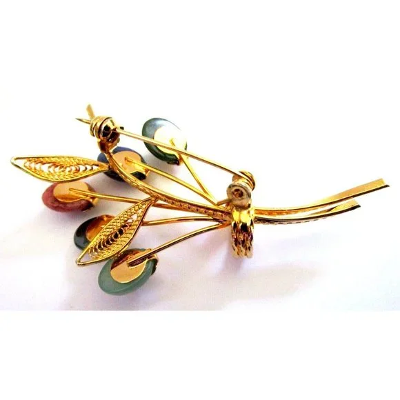 Vintage Gold Tone Flower Brooch Pin with Various Gemstone Flowers - Estate 1990s - Picture 5 of 7